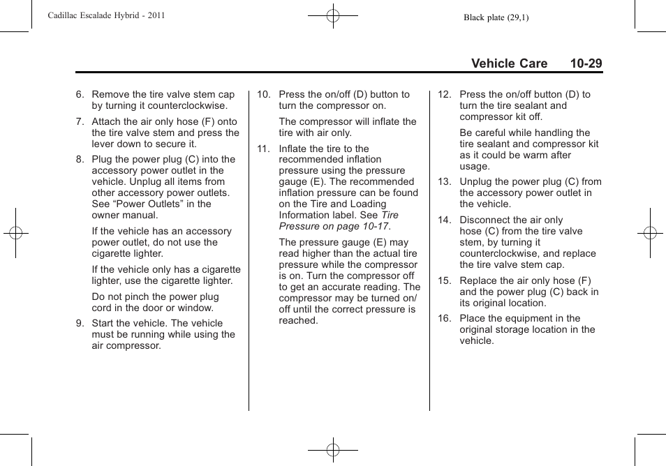 Vehicle care 10-29 | Cadillac 2011 Escalade Hybrid User Manual | Page 73 / 94