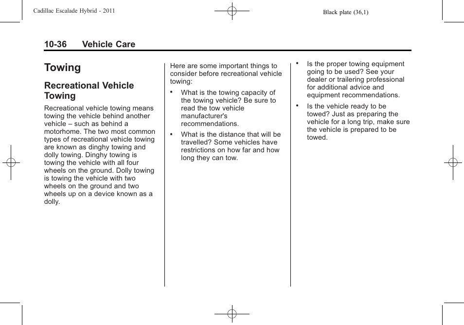 Towing, Recreational vehicle towing, Towing -36 | Recreational vehicle, 36 vehicle care | Cadillac 2011 Escalade Hybrid User Manual | Page 80 / 94