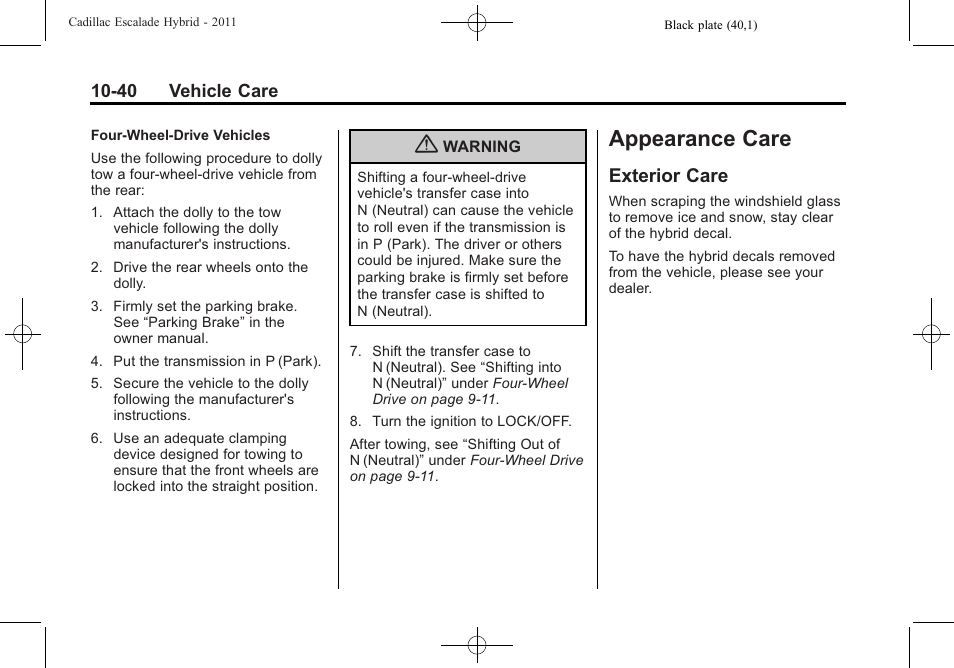 Appearance care, Exterior care, Appearance care -40 | Exterior care -40 | Cadillac 2011 Escalade Hybrid User Manual | Page 84 / 94