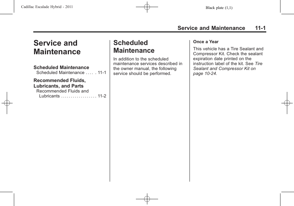 Service and maintenance, Scheduled maintenance, Service and maintenance -1 | Scheduled maintenance -1 | Cadillac 2011 Escalade Hybrid User Manual | Page 85 / 94