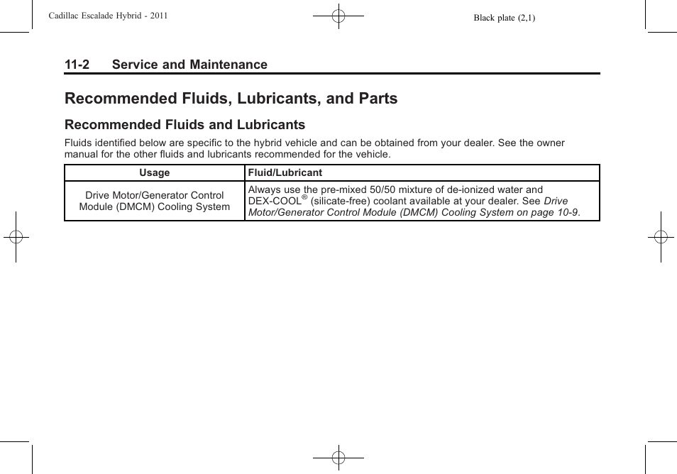 Recommended fluids, lubricants, and parts, Recommended fluids and lubricants, Recommended fluids | Lubricants, and parts -2, Recommended fluids and, Lubricants -2 | Cadillac 2011 Escalade Hybrid User Manual | Page 86 / 94