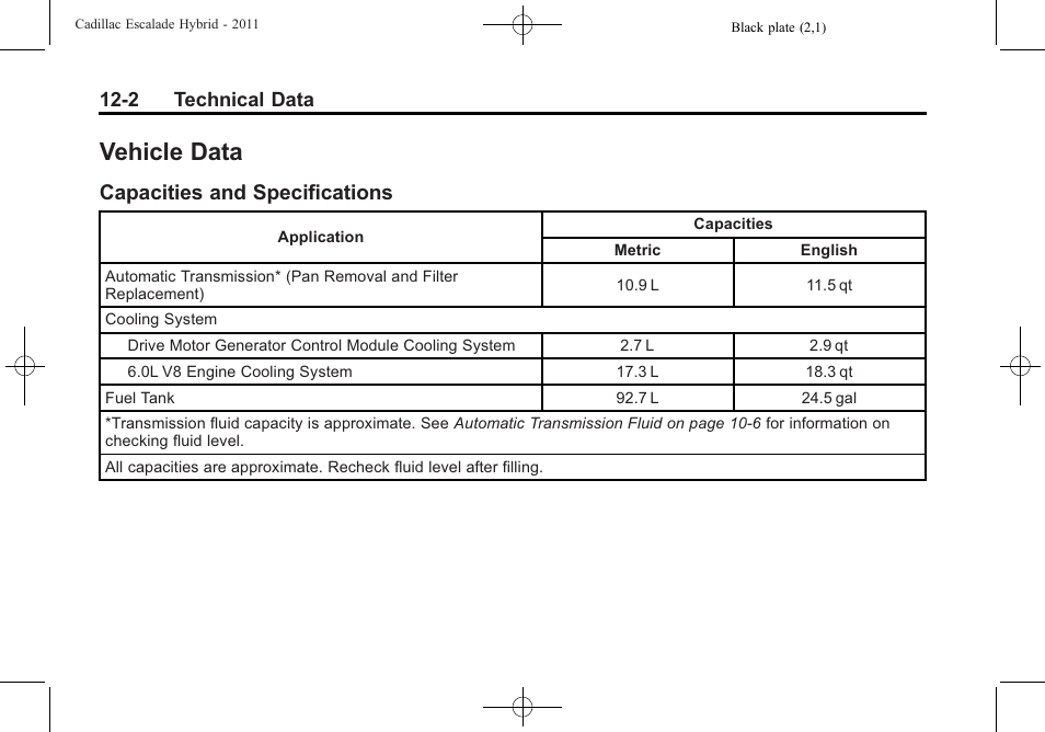 Vehicle data, Capacities and specifications, Vehicle data -2 | Cadillac 2011 Escalade Hybrid User Manual | Page 88 / 94