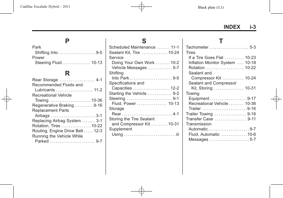 Index_p, Index_r, Index_s | Index_t | Cadillac 2011 Escalade Hybrid User Manual | Page 93 / 94