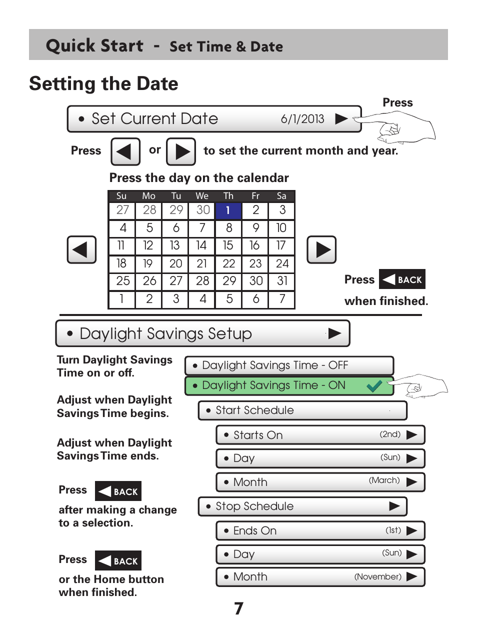 7quick start, Setting the date, Set time & date | Set current date daylight savings setup | Venstar T7900 User Manual | Page 15 / 95