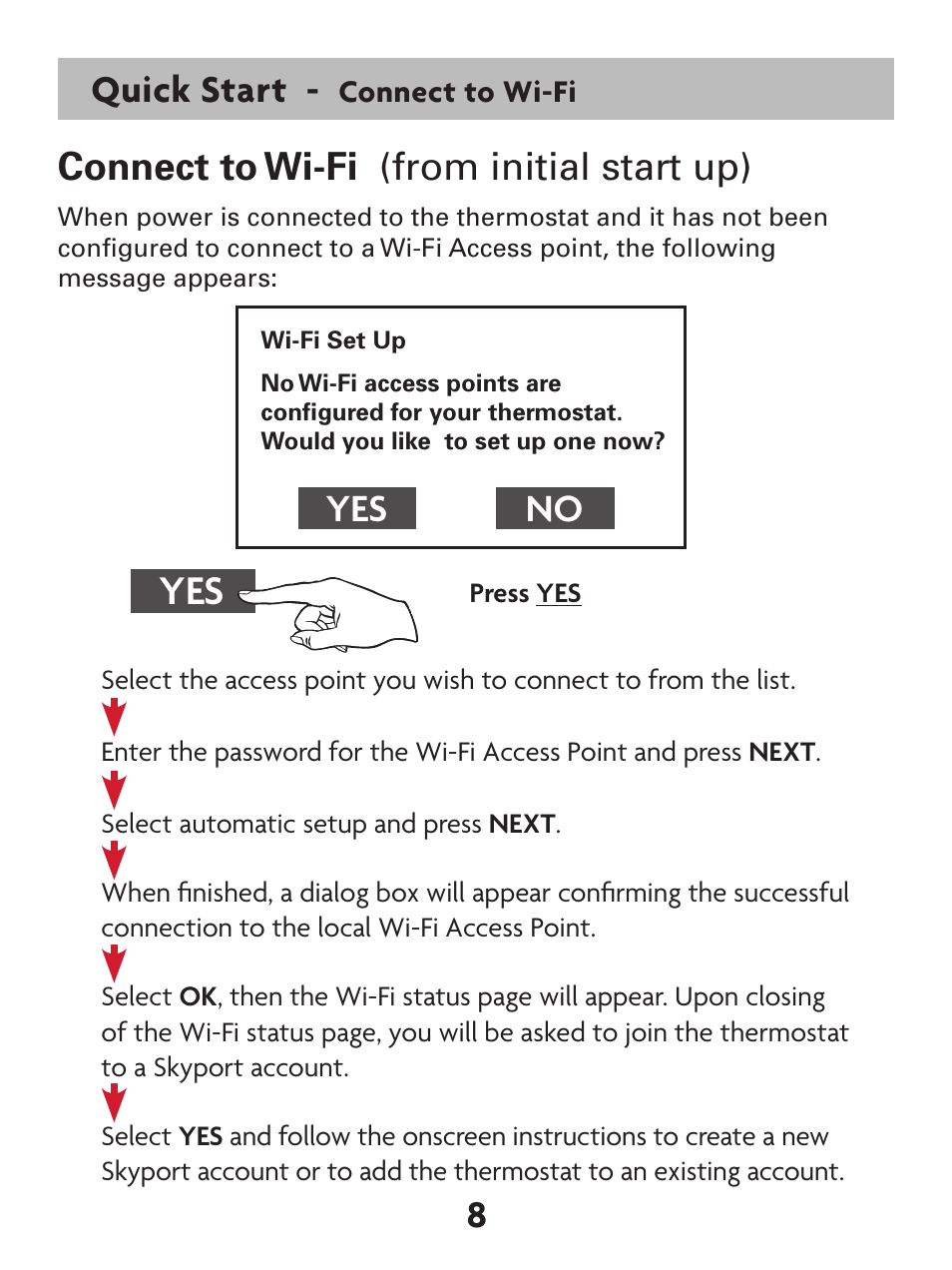 8connect to wi-fi (from initial start up), Yes no, Quick start | Venstar T7900 User Manual | Page 16 / 95