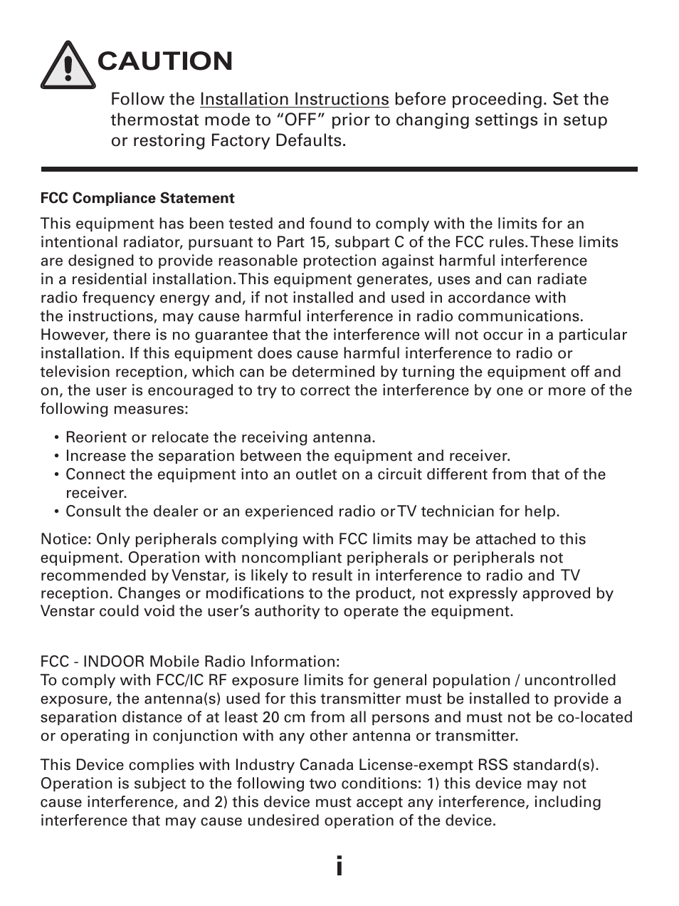 Caution | Venstar T7900 User Manual | Page 2 / 95
