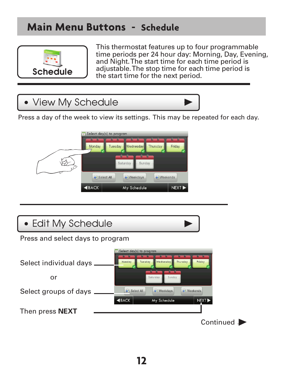 12 main menu buttons, Schedule, View my schedule | Edit my schedule | Venstar T7900 User Manual | Page 20 / 95