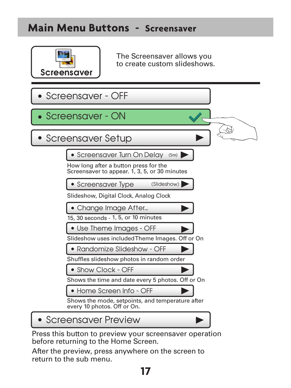 17 main menu buttons, Screensaver, Screensaver preview | Screensaver setup, Screensaver - off screensaver - on | Venstar T7900 User Manual | Page 25 / 95