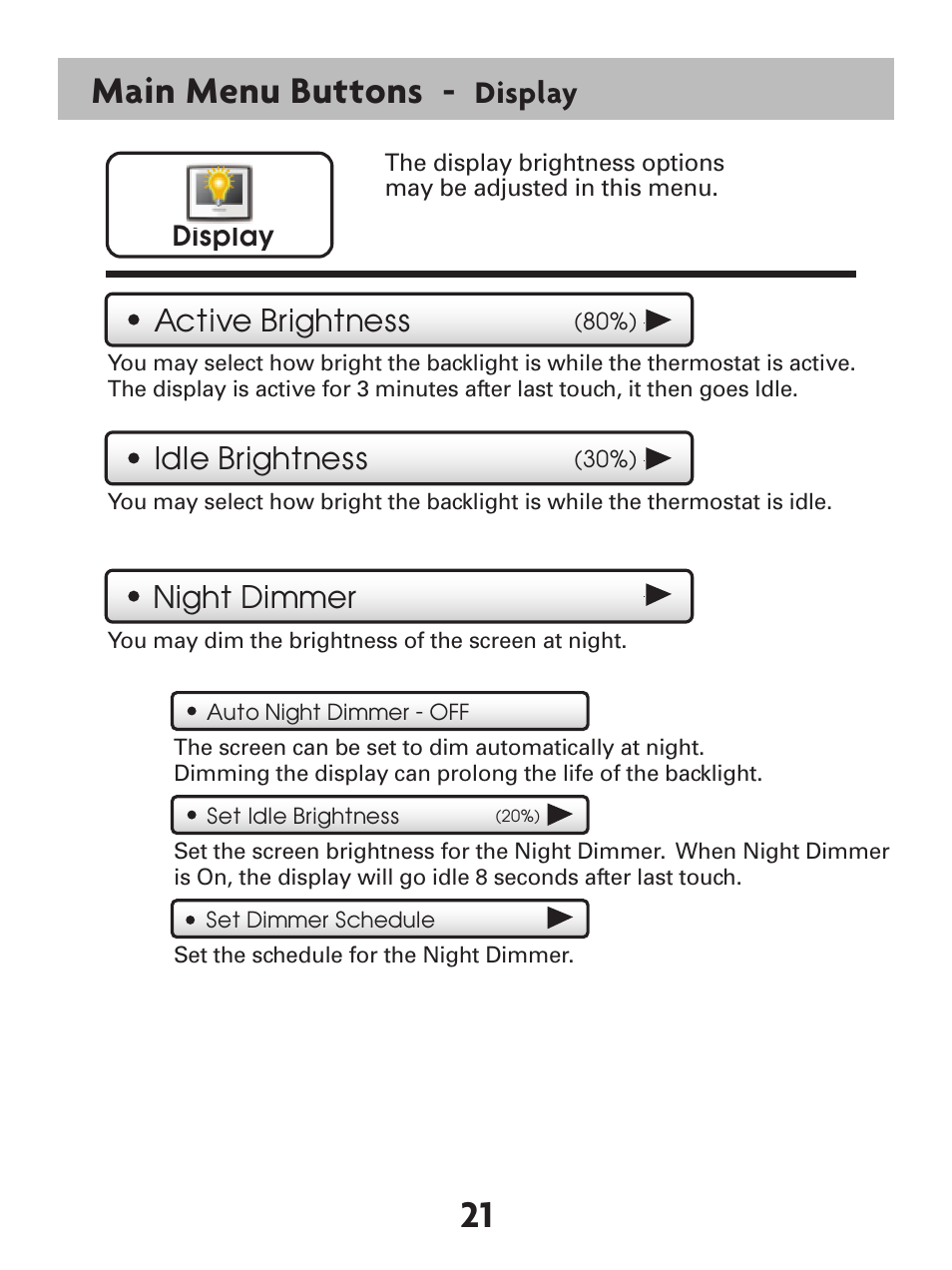 21 main menu buttons, Display, Active brightness night dimmer | Idle brightness | Venstar T7900 User Manual | Page 29 / 95