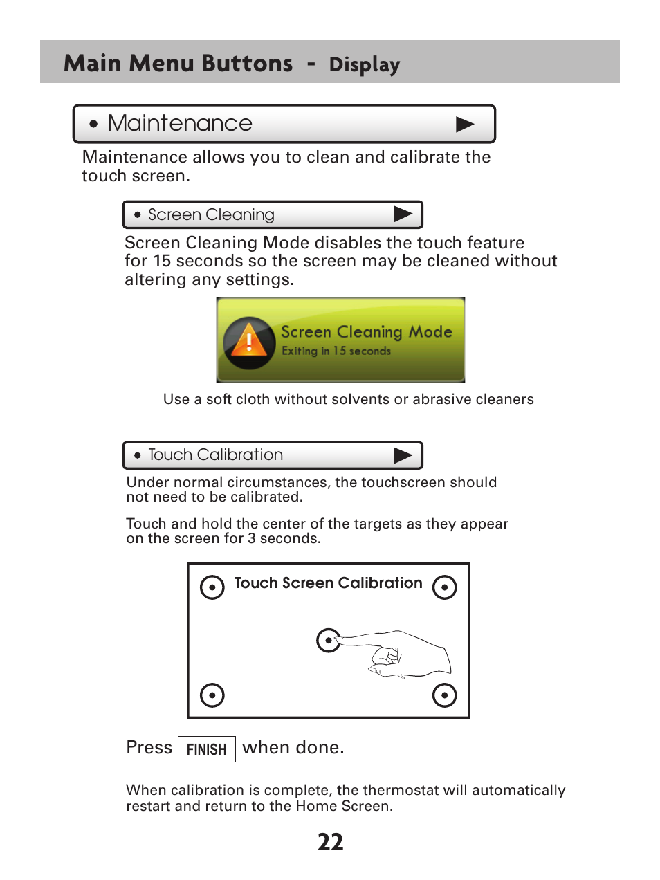22 main menu buttons, Display, Maintenance | Venstar T7900 User Manual | Page 30 / 95