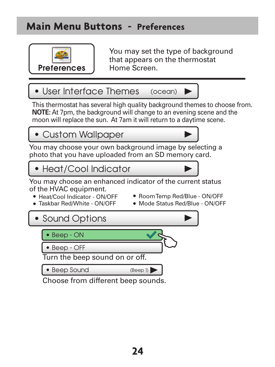 24 main menu buttons, Preferences, User interface themes | Heat/cool indicator custom wallpaper, Sound options | Venstar T7900 User Manual | Page 32 / 95