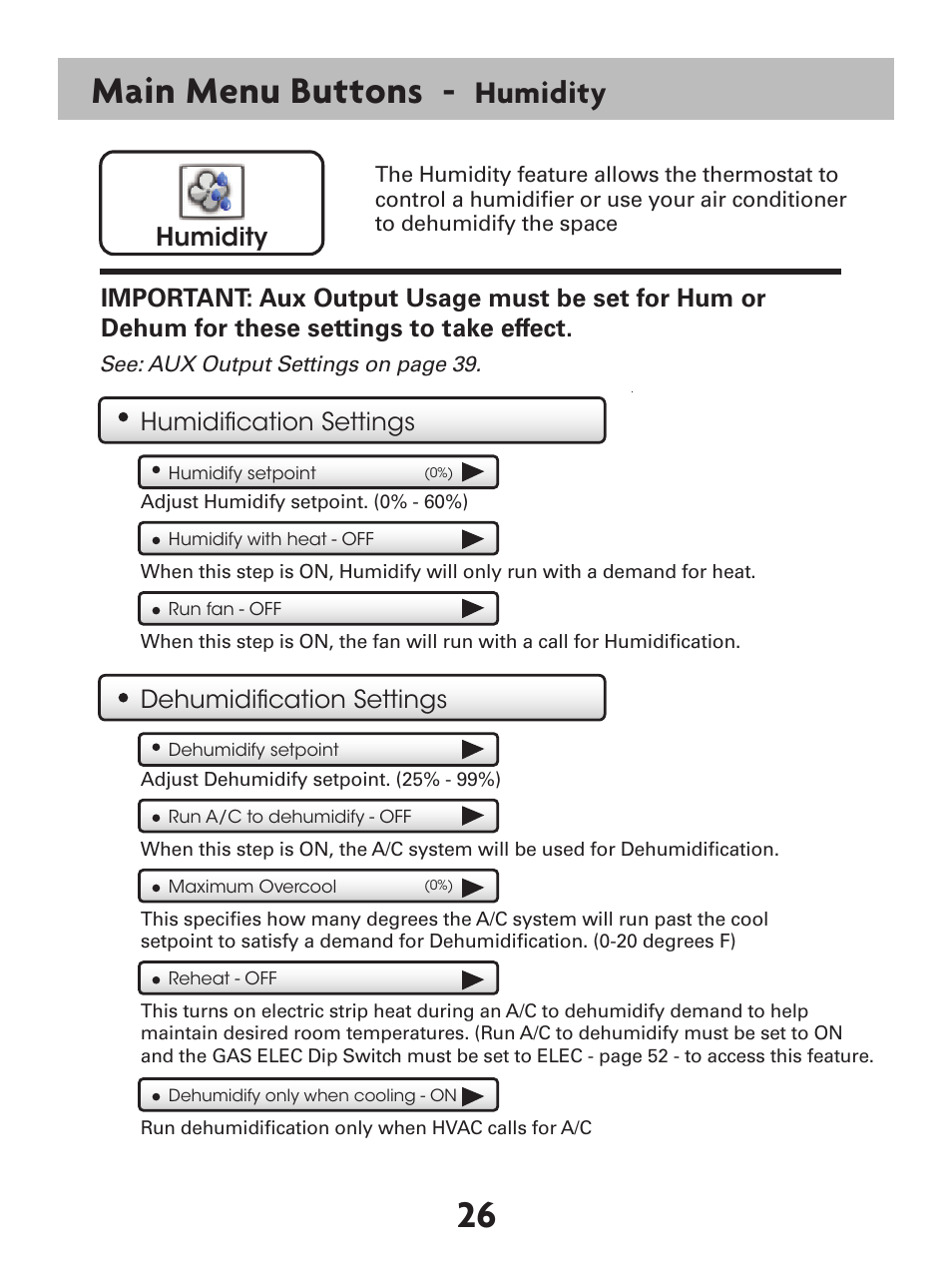 26 main menu buttons, Humidity, Humidification settings | Dehumidification settings | Venstar T7900 User Manual | Page 34 / 95