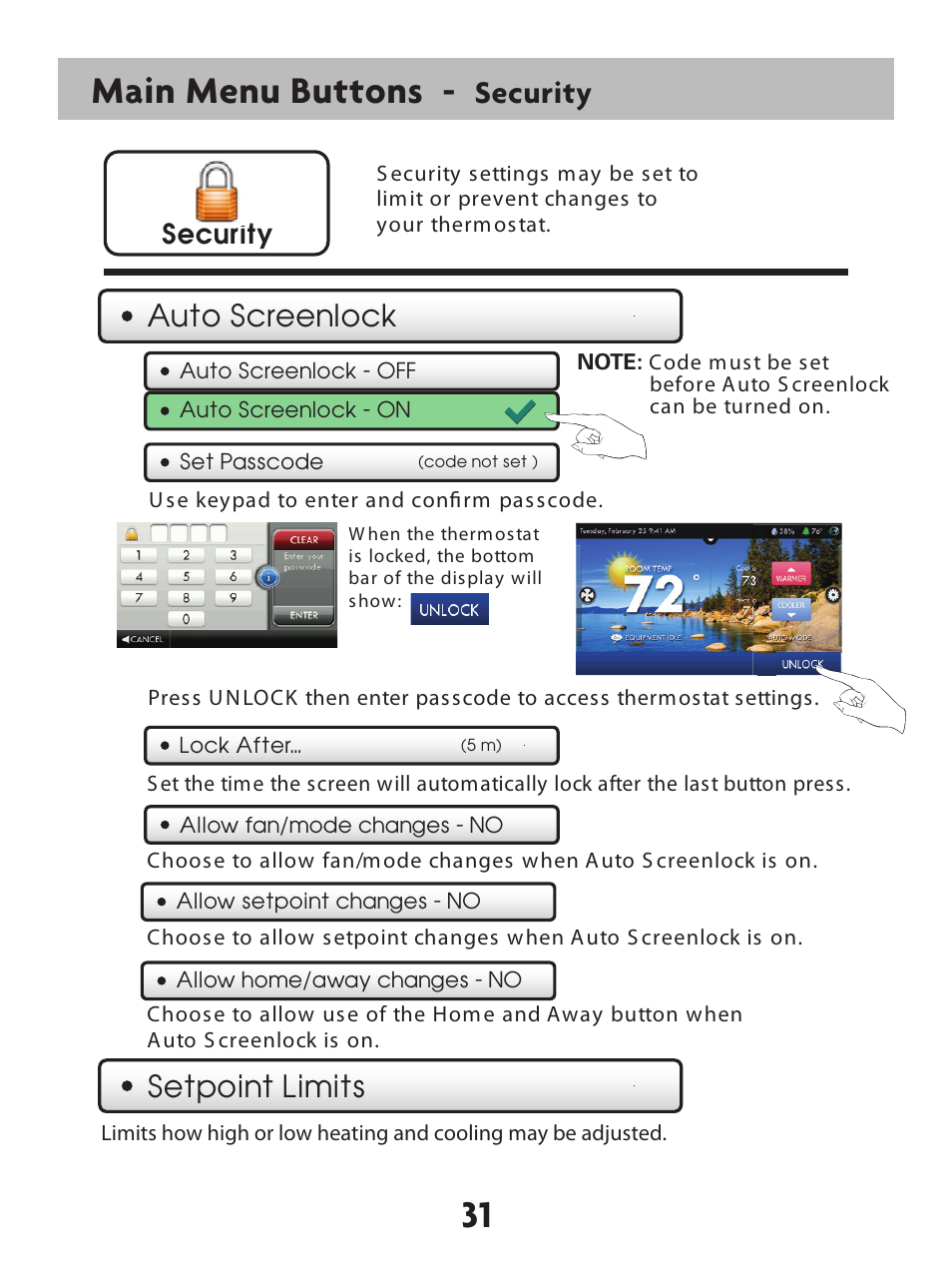 31 main menu buttons, Security, Auto screenlock setpoint limits | Venstar T7900 User Manual | Page 39 / 95