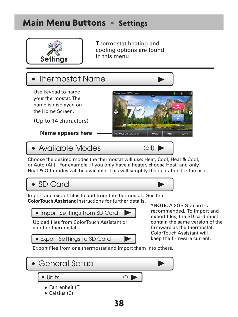 Main menu buttons, Settings, Thermostat name | Available modes, General setup, Sd card | Venstar T7900 User Manual | Page 46 / 95