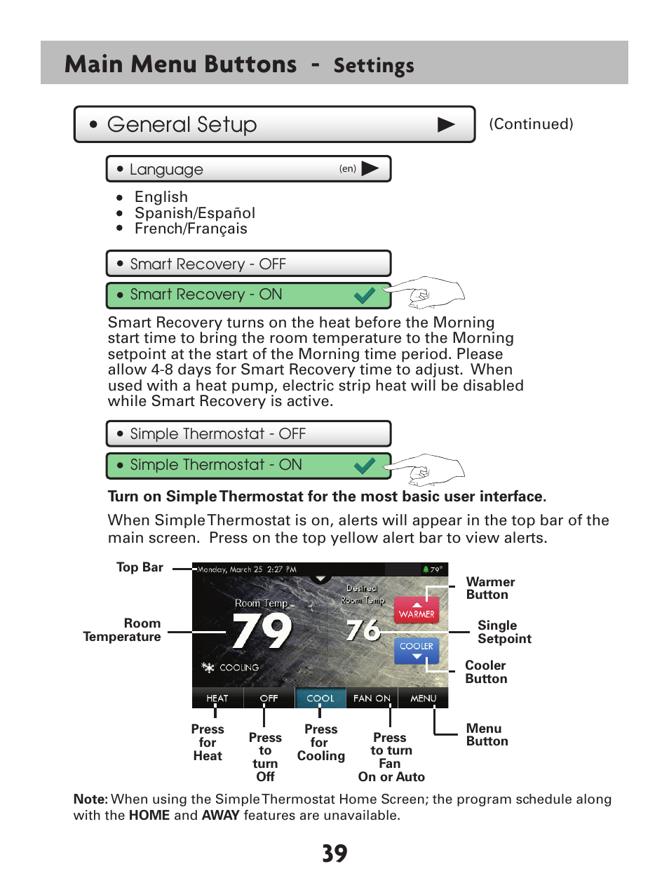 39 main menu buttons, Settings, General setup | Venstar T7900 User Manual | Page 47 / 95