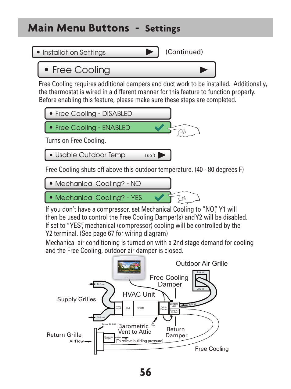 56 main menu buttons, Settings, Free cooling | Outdoor air grille hvac unit, Free cooling damper, Continued) | Venstar T7900 User Manual | Page 64 / 95