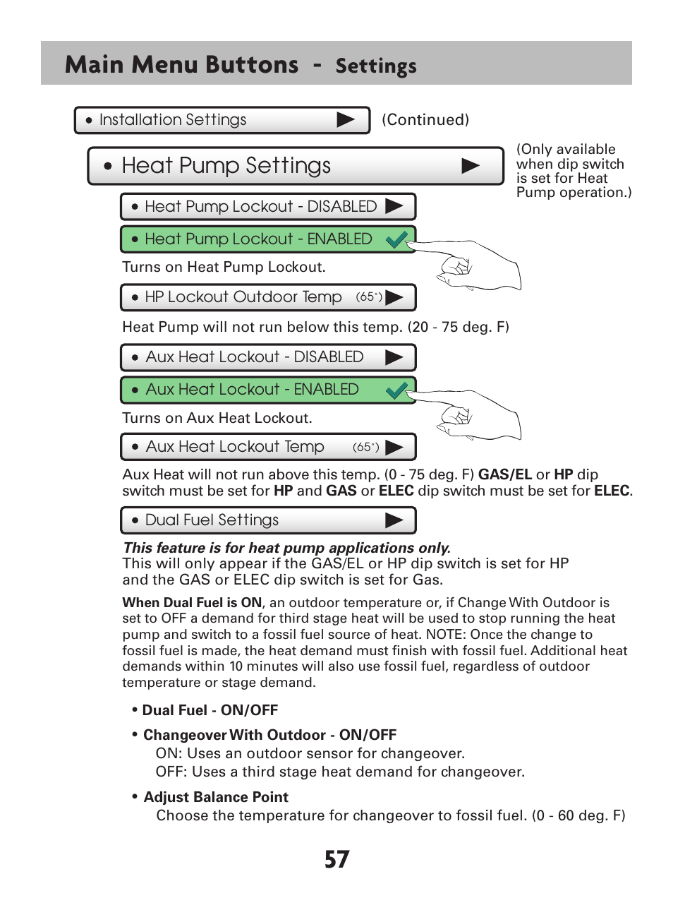 57 main menu buttons, Settings, Heat pump settings | Venstar T7900 User Manual | Page 65 / 95