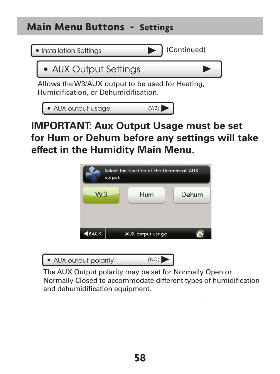 Main menu buttons, Settings, Aux output settings | Venstar T7900 User Manual | Page 66 / 95