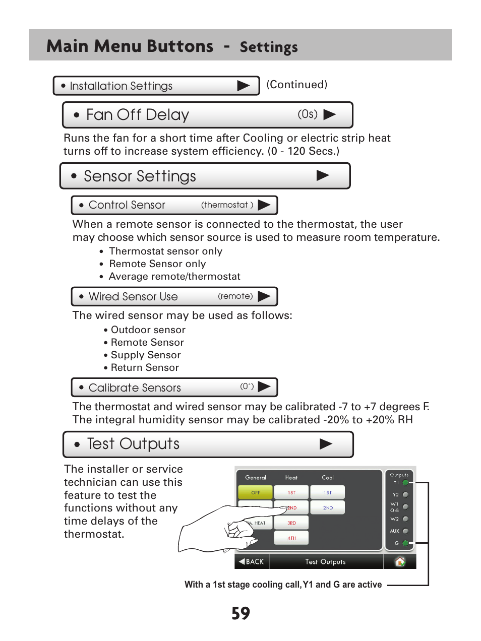 Main menu buttons, Settings, Fan off delay | Test outputs, Sensor settings | Venstar T7900 User Manual | Page 67 / 95