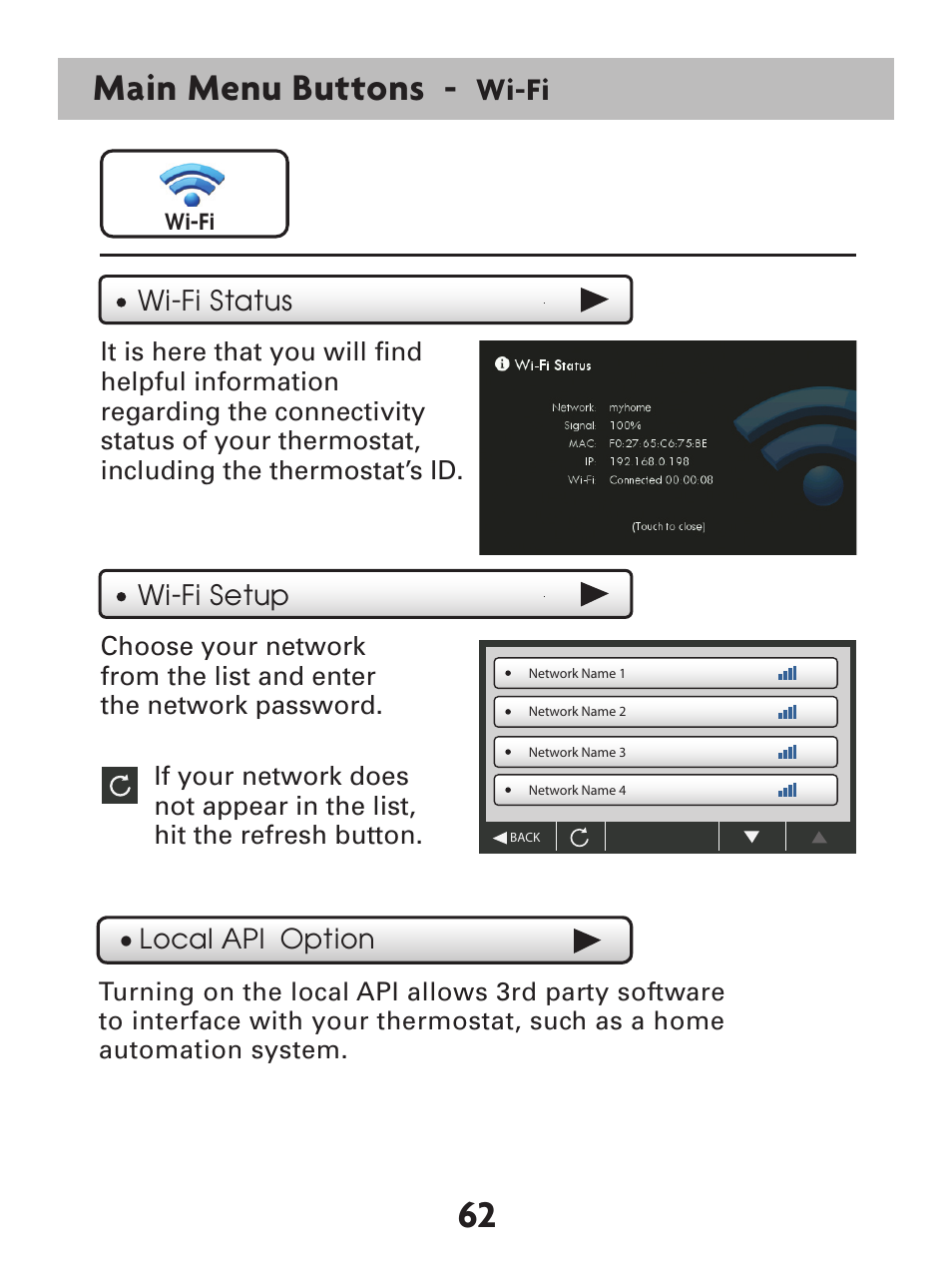 Main menu buttons, Wi-fi | Venstar T7900 User Manual | Page 70 / 95
