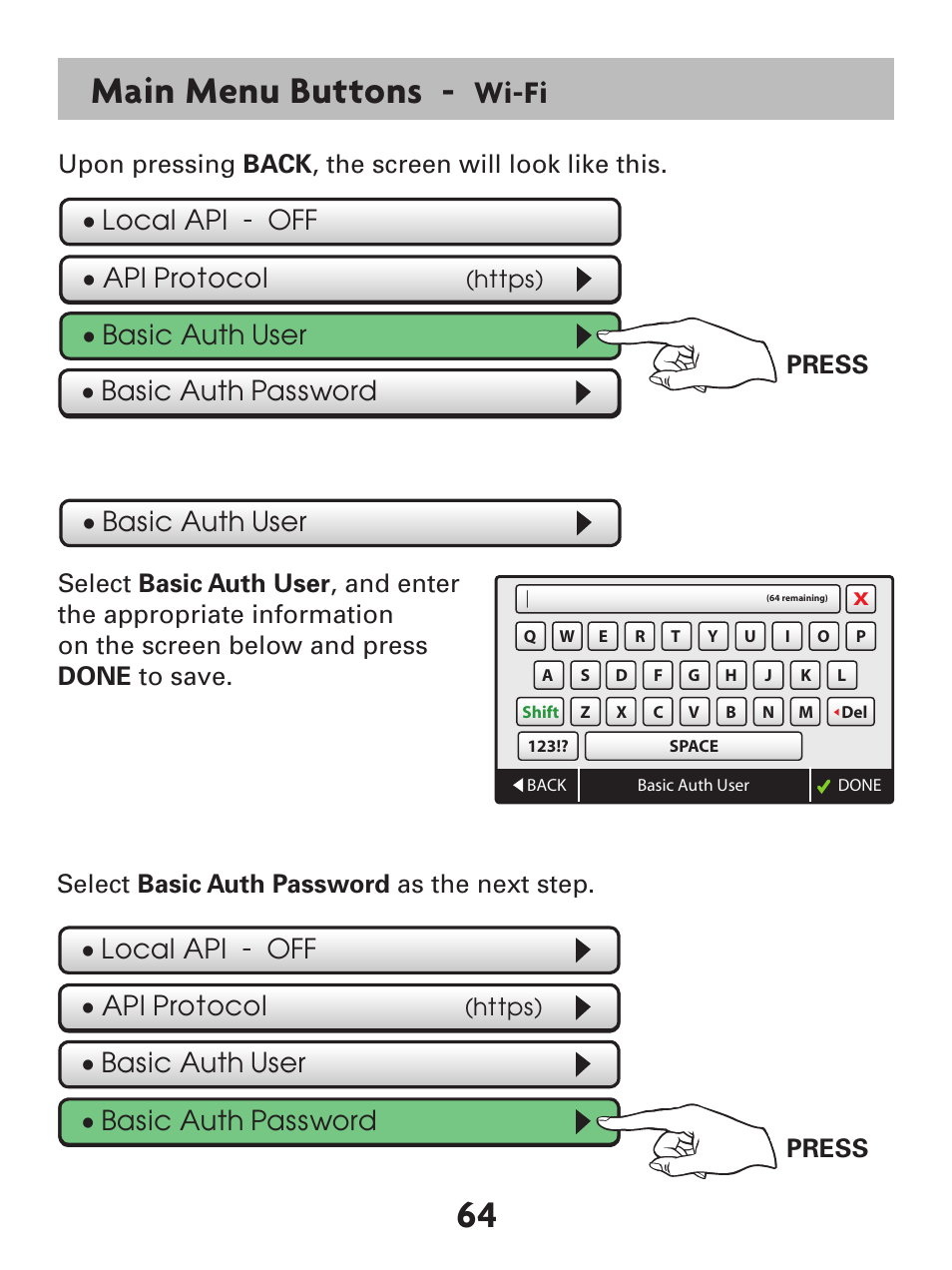Main menu buttons, Wi-fi, Api protocol | Basic auth password, Local api - off • basic auth user api protocol | Venstar T7900 User Manual | Page 72 / 95