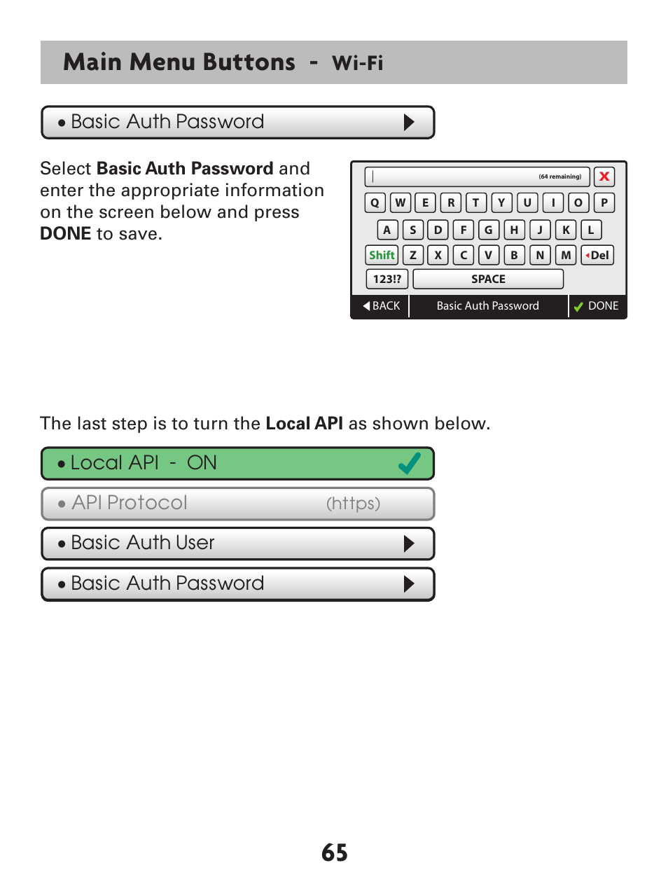 65 main menu buttons, Wi-fi, Api protocol | Basic auth password • local api - on | Venstar T7900 User Manual | Page 73 / 95