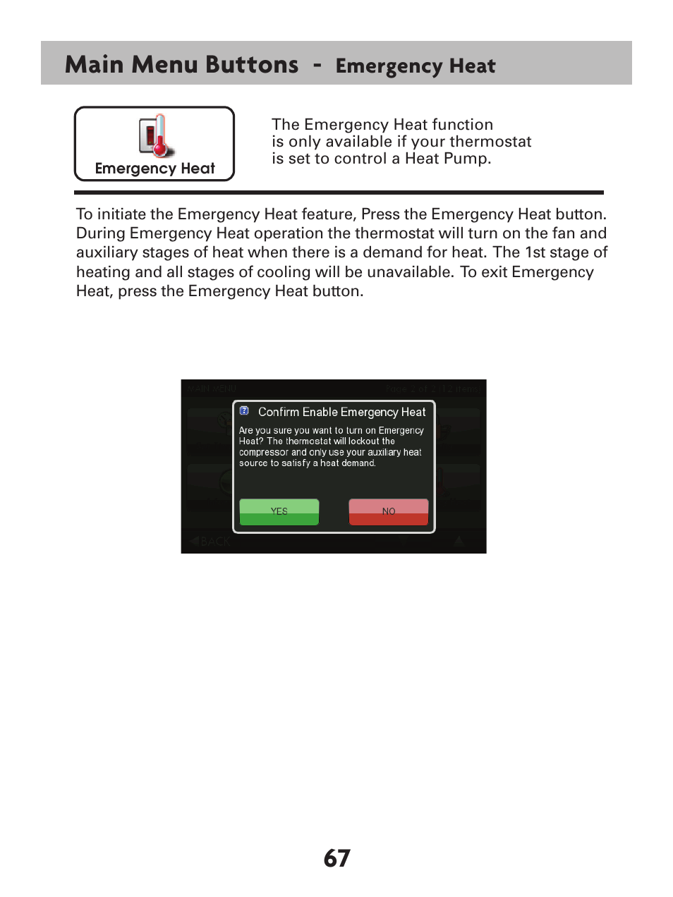 67 main menu buttons, Emergency heat | Venstar T7900 User Manual | Page 75 / 95