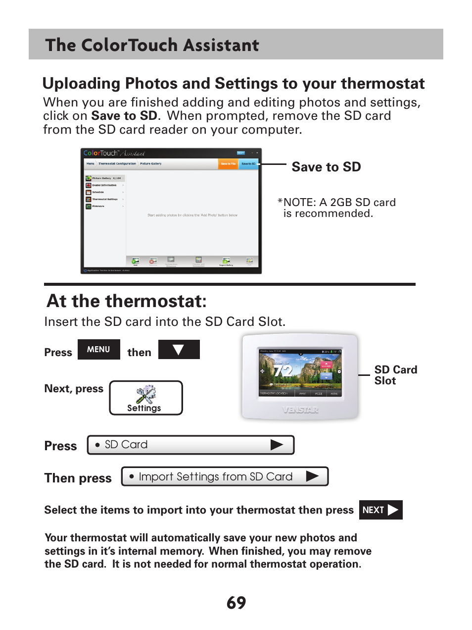 The colortouch assistant, At the thermostat, Uploading photos and settings to your thermostat | Venstar T7900 User Manual | Page 77 / 95