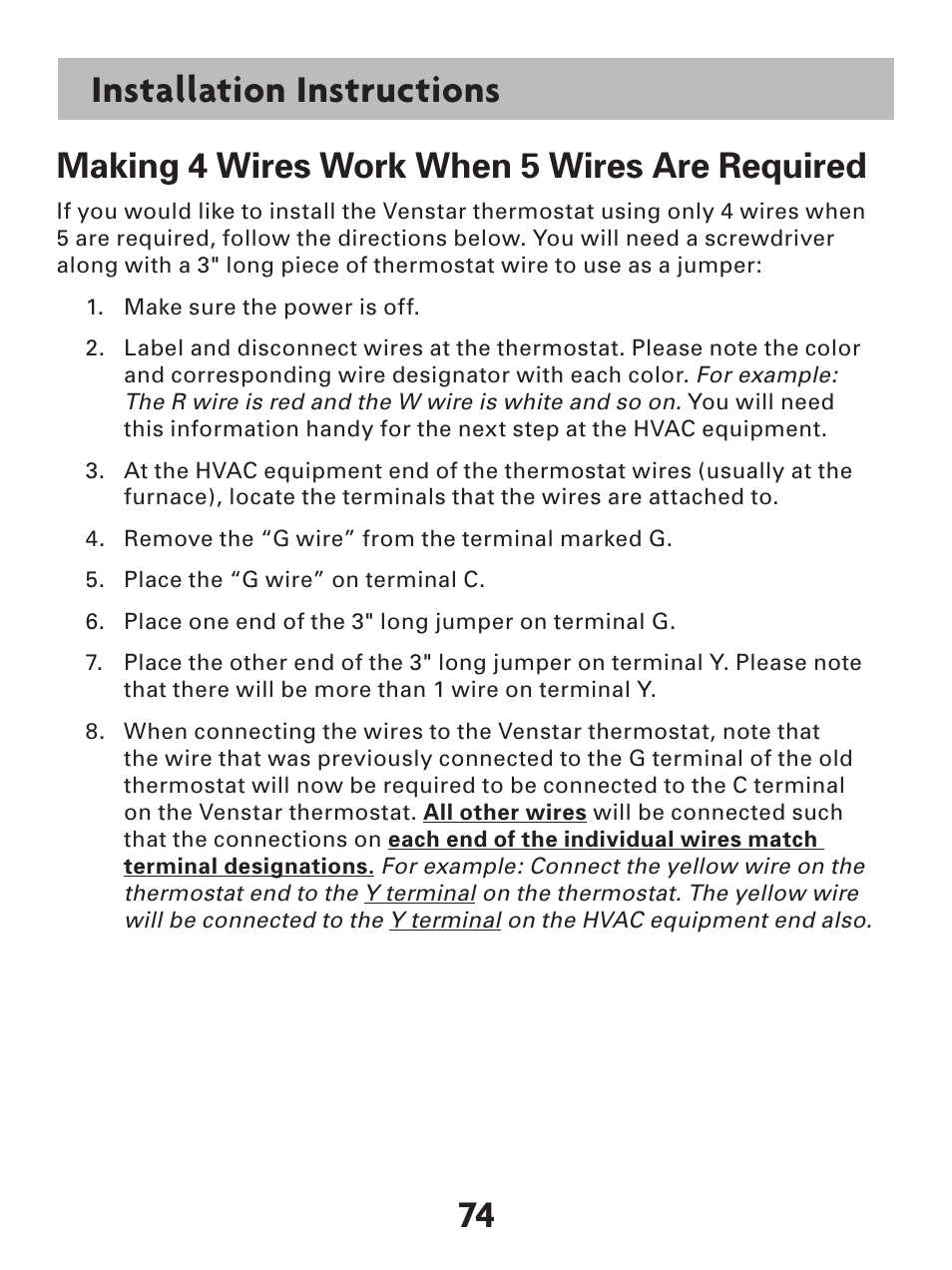 Installation instructions, Making 4 wires work when 5 wires are required | Venstar T7900 User Manual | Page 82 / 95
