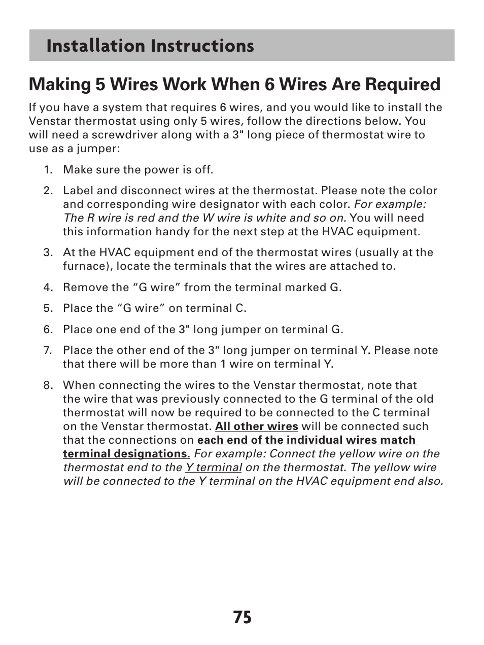 Installation instructions, Making 5 wires work when 6 wires are required | Venstar T7900 User Manual | Page 83 / 95