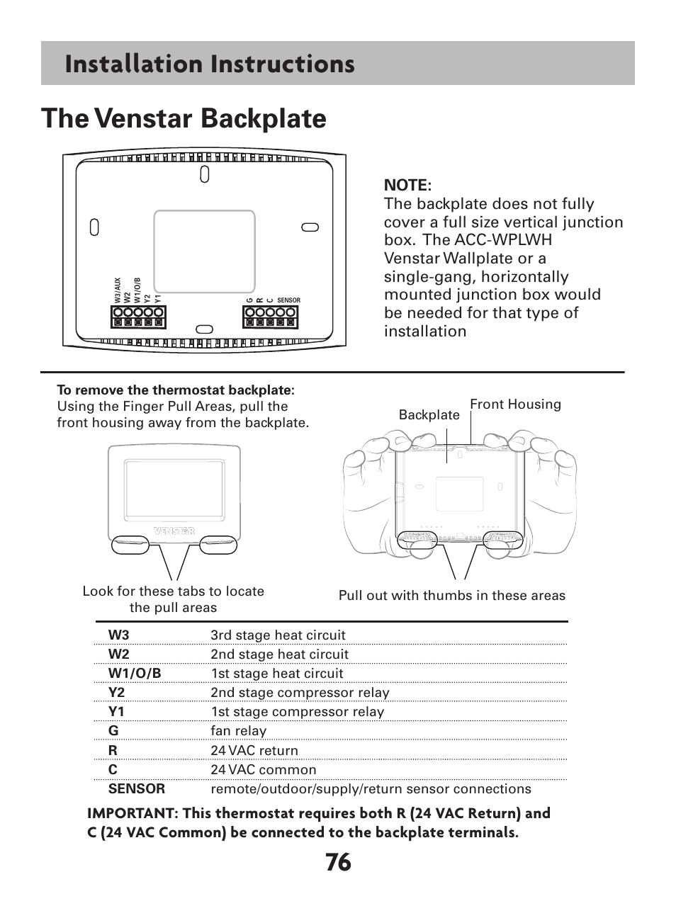 76 installation instructions the venstar backplate | Venstar T7900 User Manual | Page 84 / 95