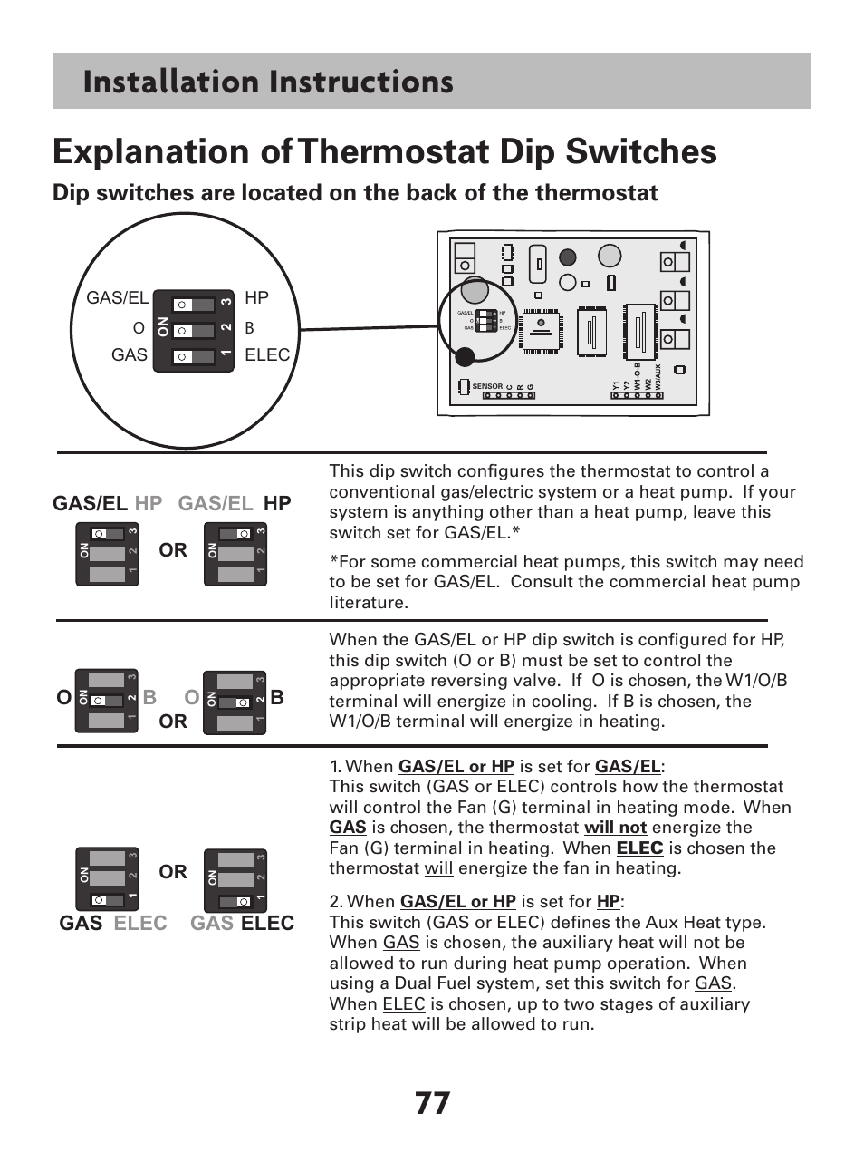 Installation instructions, Explanation of thermostat dip switches, Gas/el hp hp gas/el | Ob b, Gas elec gas elec | Venstar T7900 User Manual | Page 85 / 95