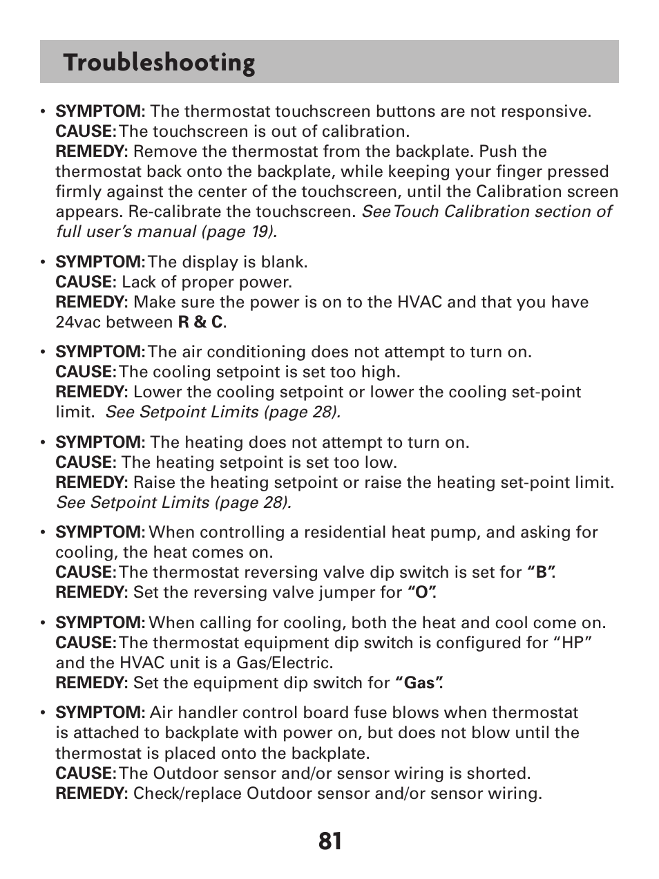 81 troubleshooting | Venstar T7900 User Manual | Page 89 / 95