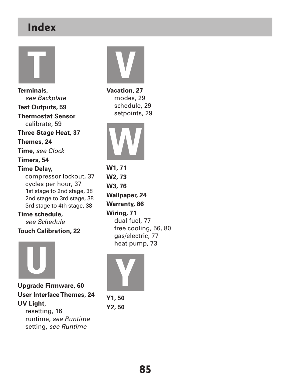 Tu v w y | Venstar T7900 User Manual | Page 93 / 95