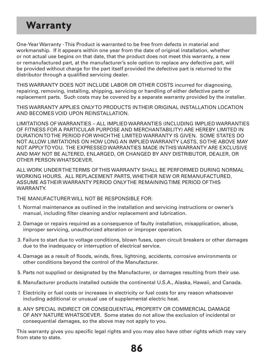 86 warranty | Venstar T7900 User Manual | Page 94 / 95