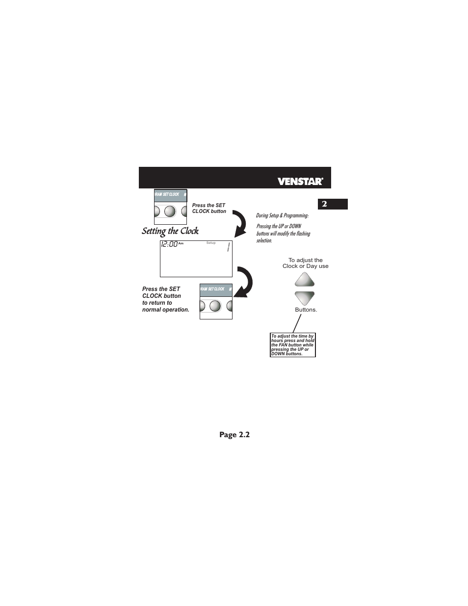 Setting the clock, I2:00, Page 2.2 | Venstar T1700 User Manual | Page 12 / 58