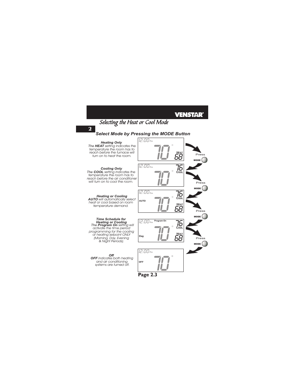 Selecting the heat or cool mode | Venstar T1700 User Manual | Page 13 / 58