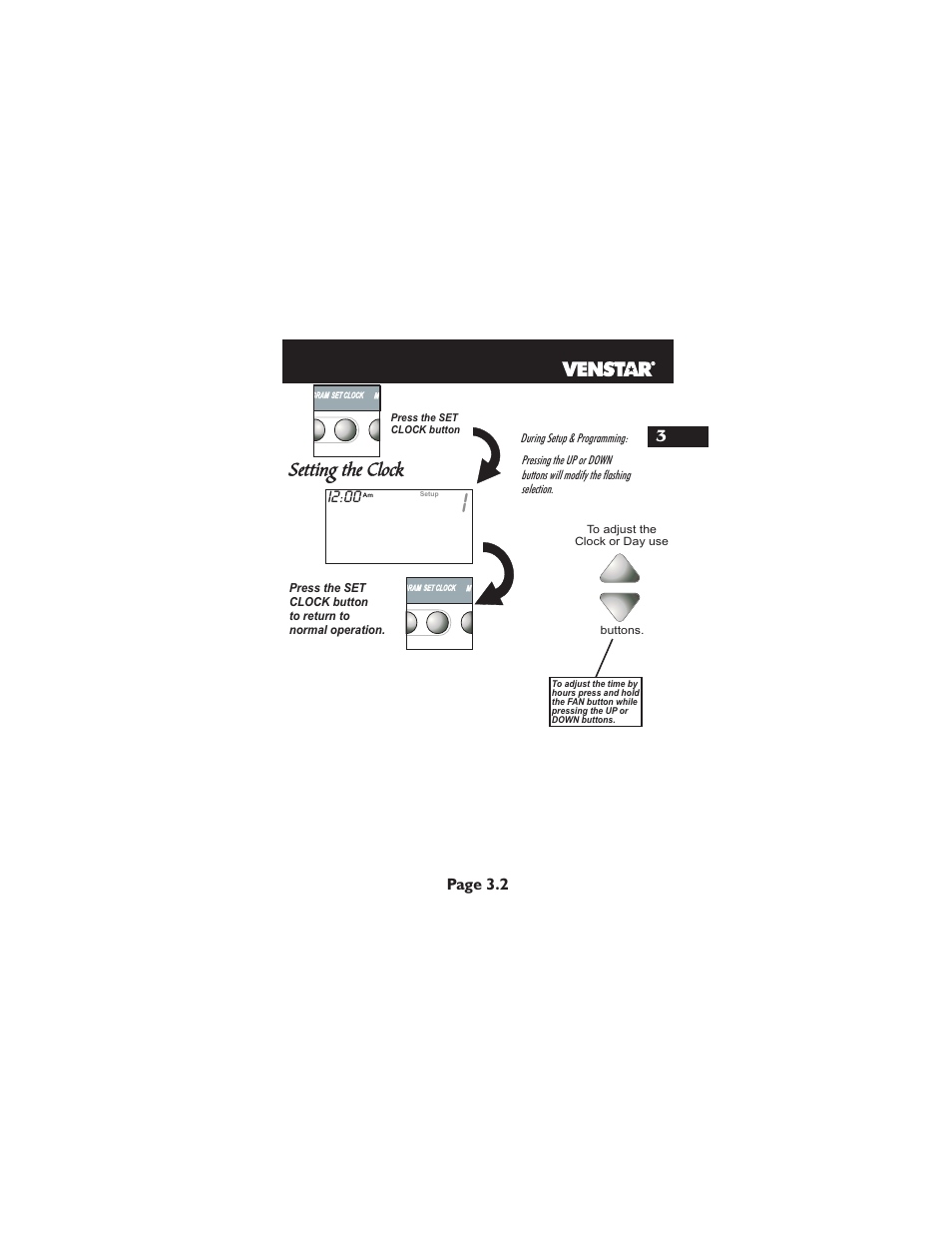 Setting the clock, I2:00, Page 3.2 | Venstar T1700 User Manual | Page 16 / 58