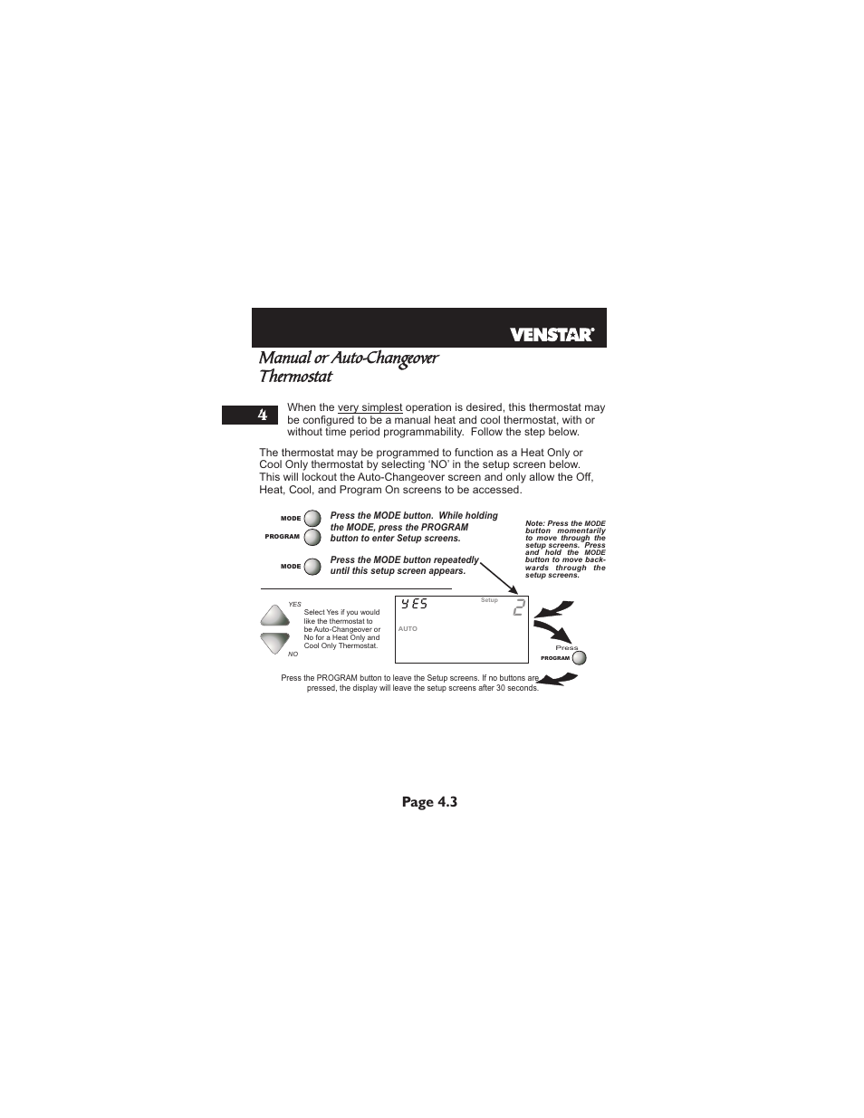 Manual or auto-changeover thermostat, Page 4.3 | Venstar T1700 User Manual | Page 19 / 58