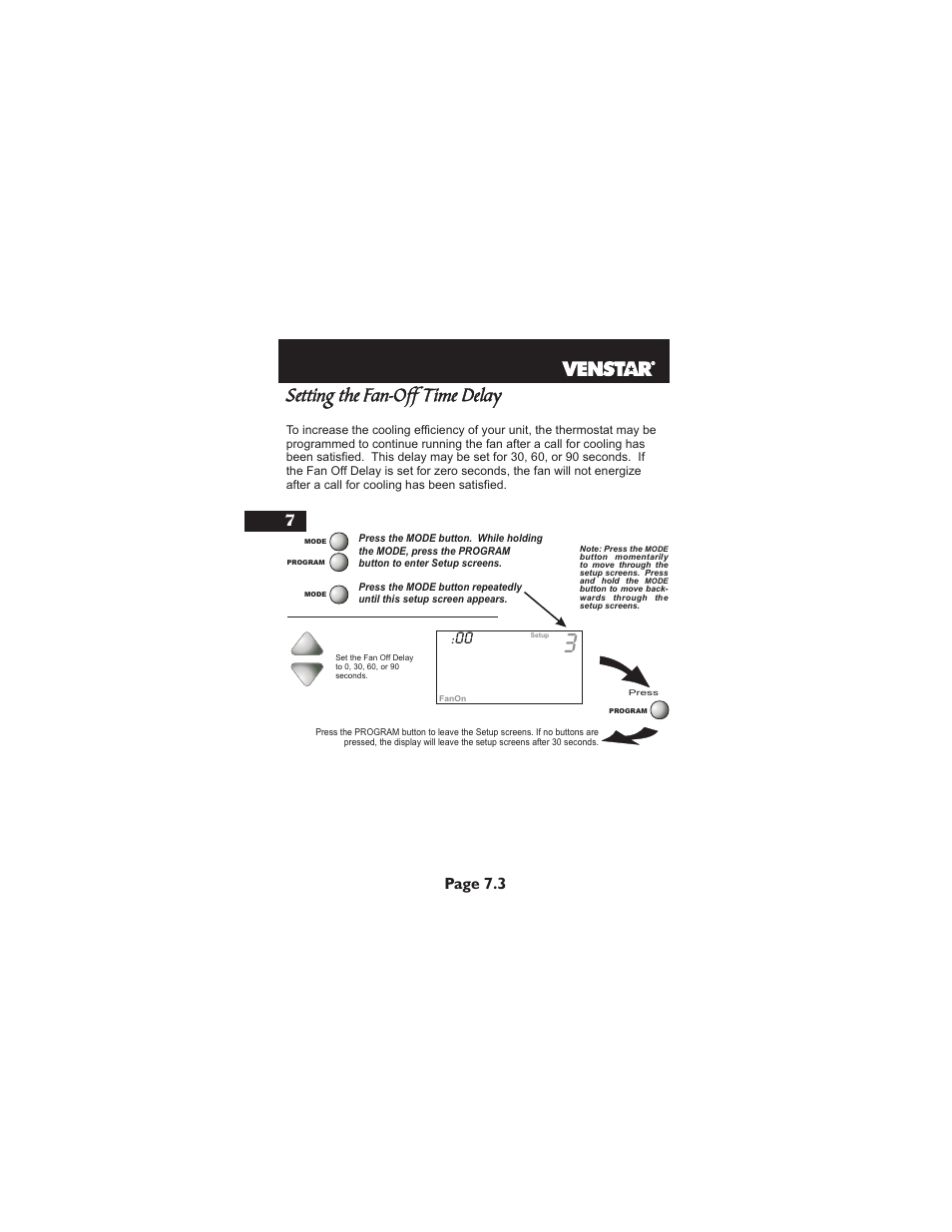 Setting the fan-off time delay, Page 7.3 | Venstar T1700 User Manual | Page 33 / 58