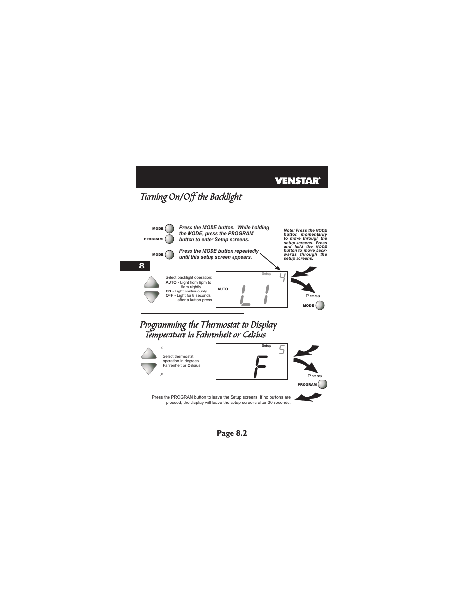 Turning on/off the backlight, Page 8.2 | Venstar T1700 User Manual | Page 35 / 58