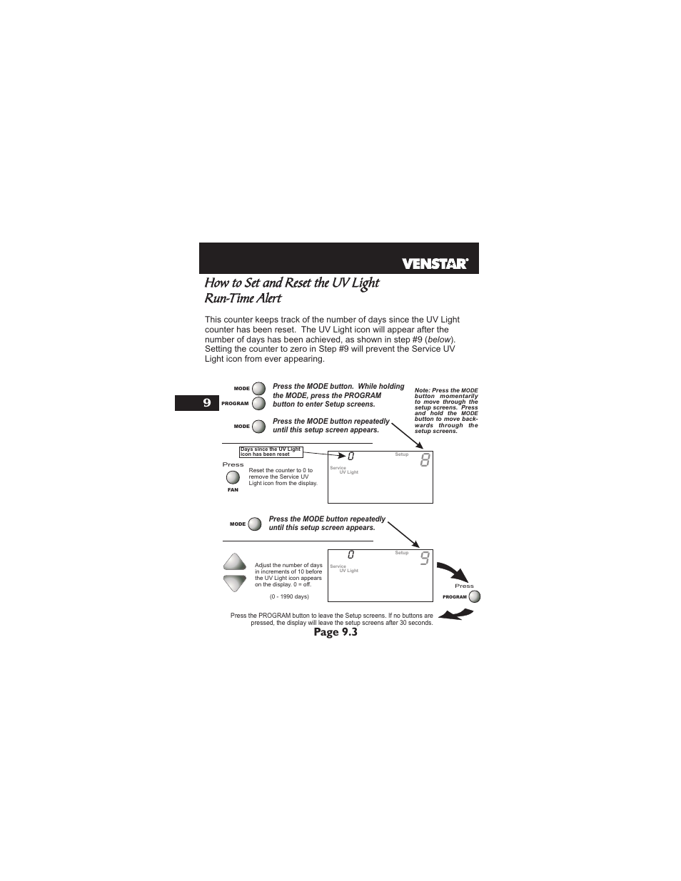 How to set and reset the uv light run-time alert, Page 9.3 | Venstar T1700 User Manual | Page 39 / 58