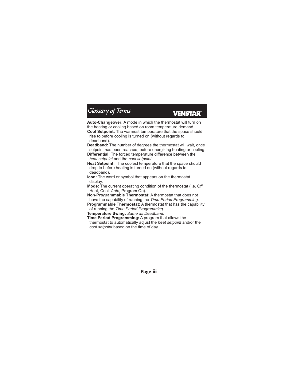 Glossary of terms | Venstar T1700 User Manual | Page 4 / 58