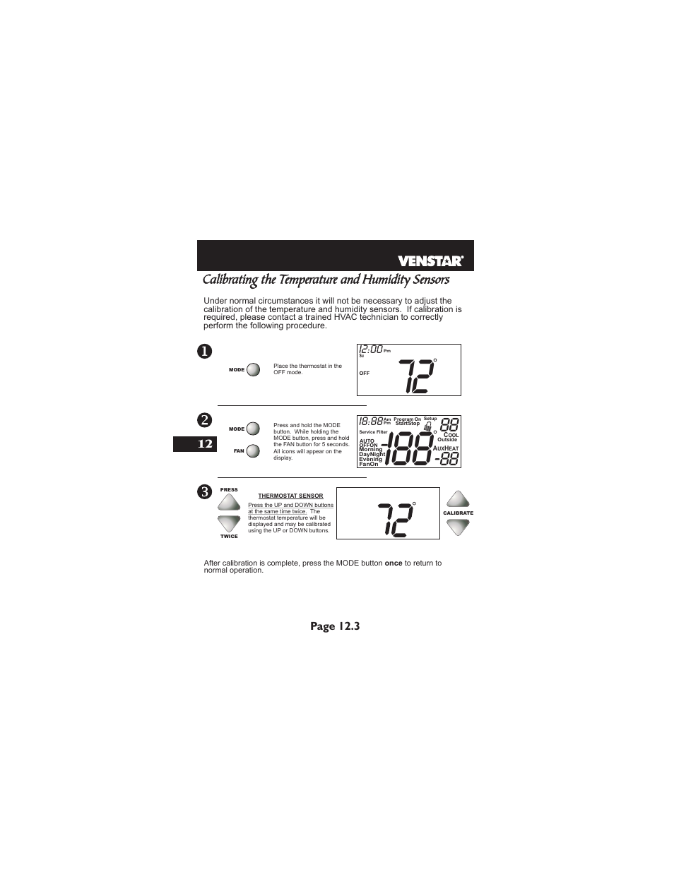 Calibrating the temperature and humidity sensors, I2:00, I8:88 | Page 12.3 | Venstar T1700 User Manual | Page 51 / 58