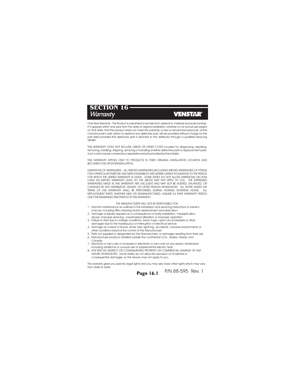 Warranty, Page 16.1 | Venstar T1700 User Manual | Page 58 / 58