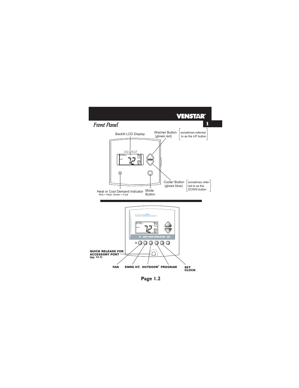 Front panel, Page 1.2 | Venstar T1700 User Manual | Page 8 / 58