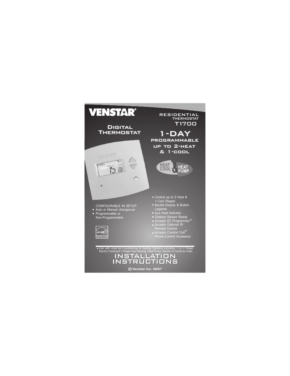 Venstar T1700 Installation User Manual | 17 pages