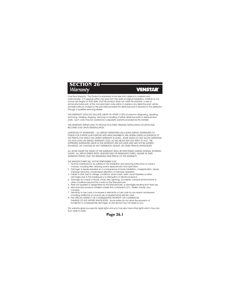 Warranty, Page 26.1 | Venstar T1900 User Manual | Page 107 / 108