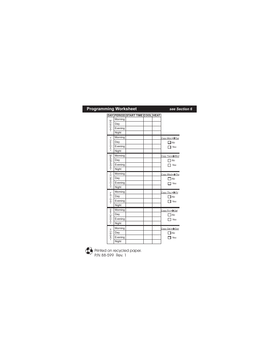 Programming worksheet | Venstar T1900 User Manual | Page 108 / 108