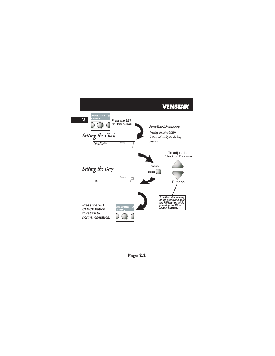 Setting the clock setting the day, I2:00, Page 2.2 | Venstar T1900 User Manual | Page 13 / 108